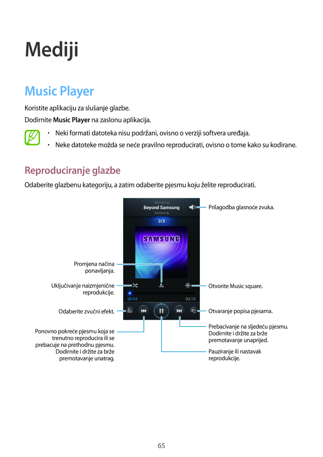 Samsung GT-I8730ZWAVIP manual Mediji, Music Player, Reproduciranje glazbe 