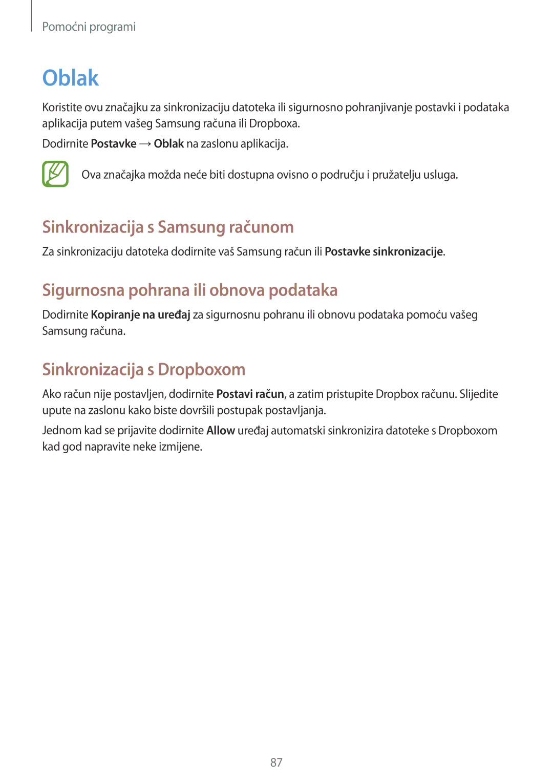 Samsung GT-I8730ZWAVIP manual Oblak, Sinkronizacija s Samsung računom, Sigurnosna pohrana ili obnova podataka 