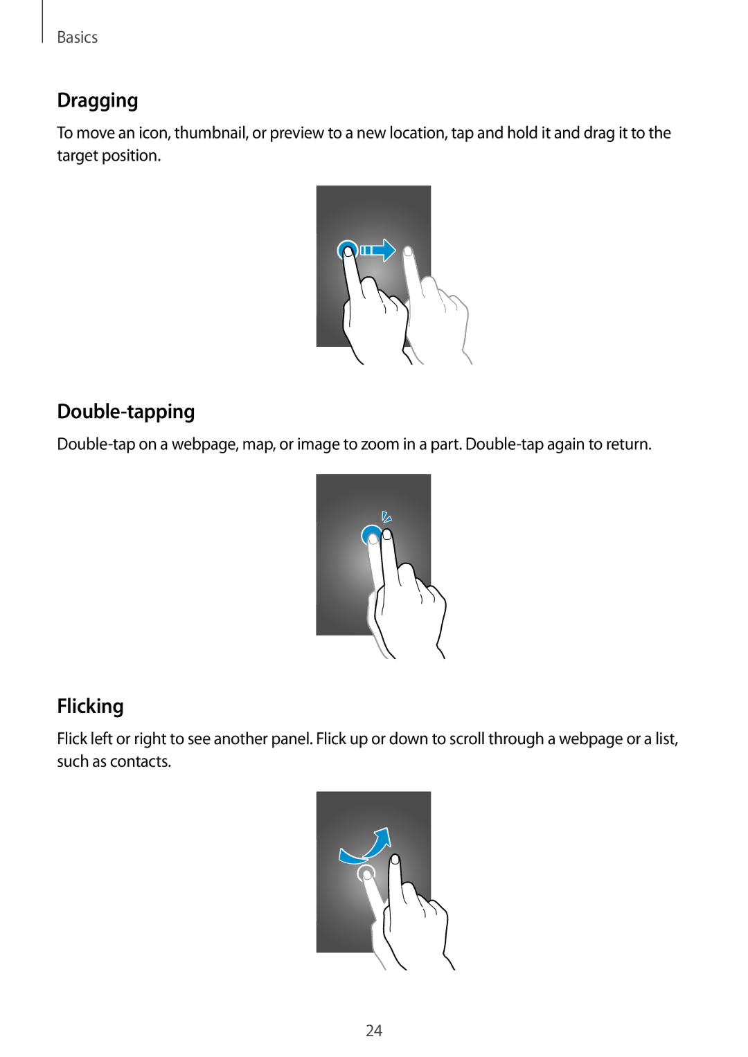 Samsung GT-I8750 user manual Dragging, Double-tapping, Flicking 