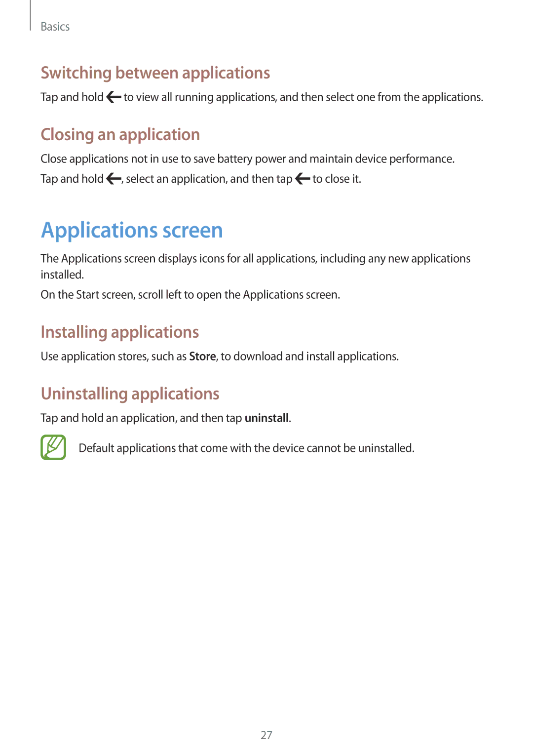 Samsung GT-I8750 Applications screen, Switching between applications, Closing an application, Installing applications 