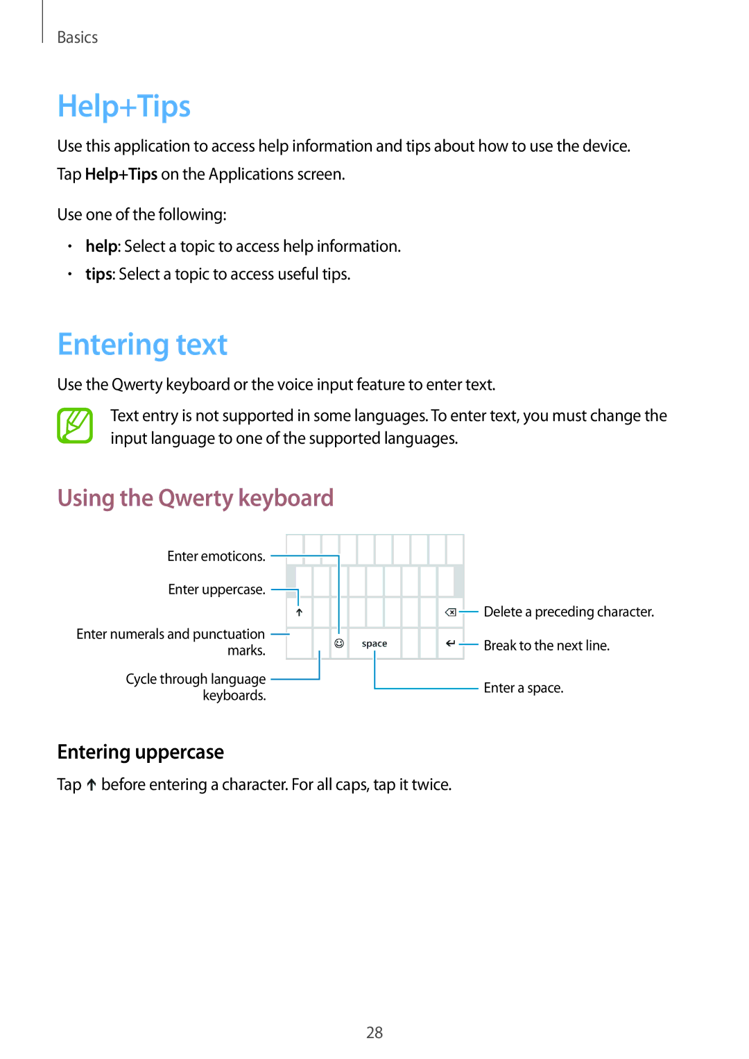 Samsung GT-I8750 user manual Help+Tips, Entering text, Entering uppercase 