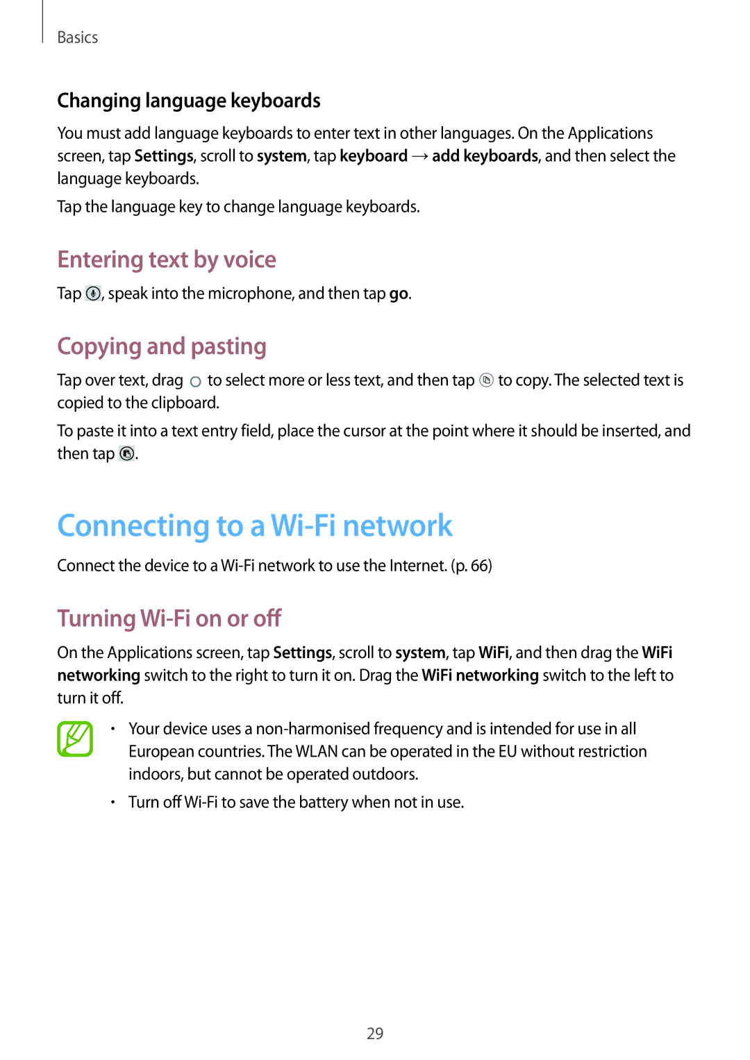 Samsung GT-I8750 Connecting to a Wi-Fi network, Entering text by voice, Copying and pasting, Turning Wi-Fi on or off 