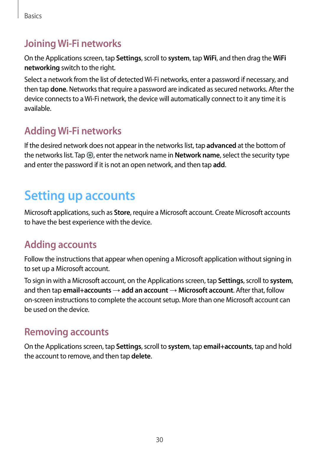 Samsung GT-I8750 Setting up accounts, Joining Wi-Fi networks, Adding Wi-Fi networks, Adding accounts, Removing accounts 