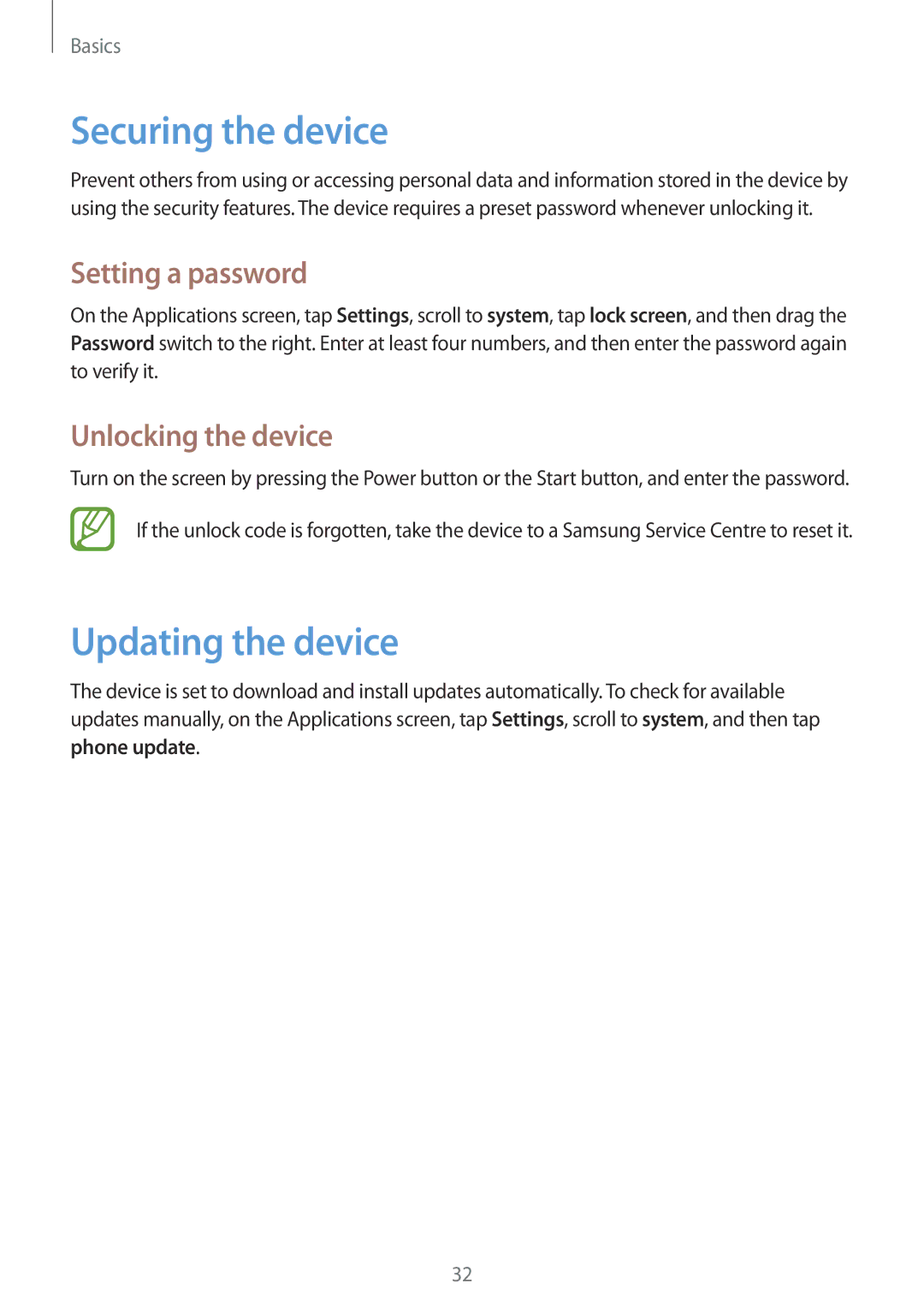 Samsung GT-I8750 user manual Securing the device, Updating the device, Setting a password, Unlocking the device 