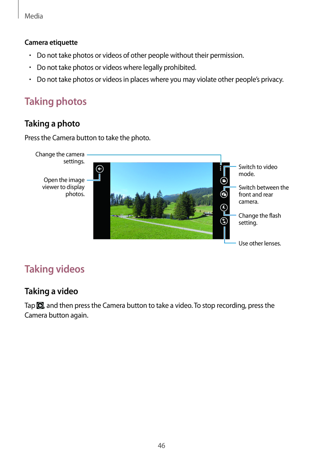 Samsung GT-I8750 user manual Taking photos, Taking videos, Taking a photo, Taking a video 