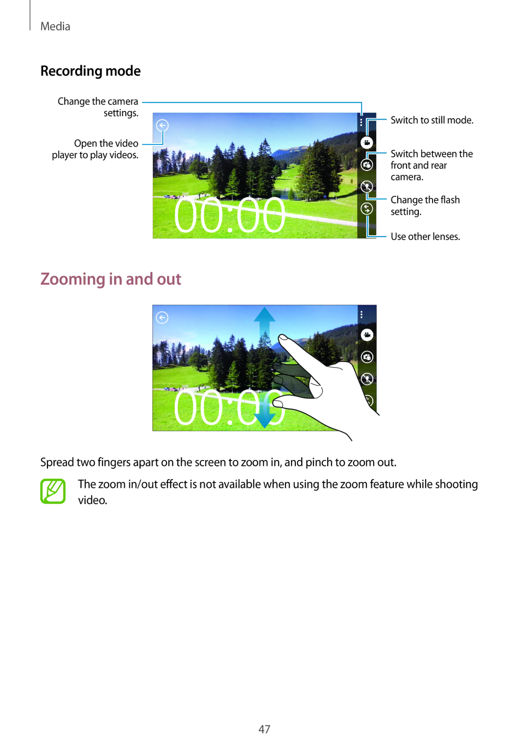 Samsung GT-I8750 user manual Zooming in and out, Recording mode 