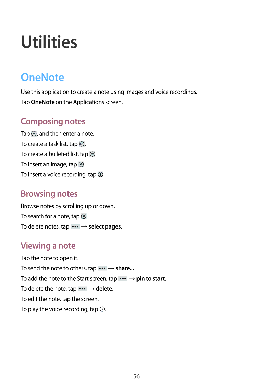 Samsung GT-I8750 user manual Utilities, OneNote, Composing notes, Browsing notes, Viewing a note 