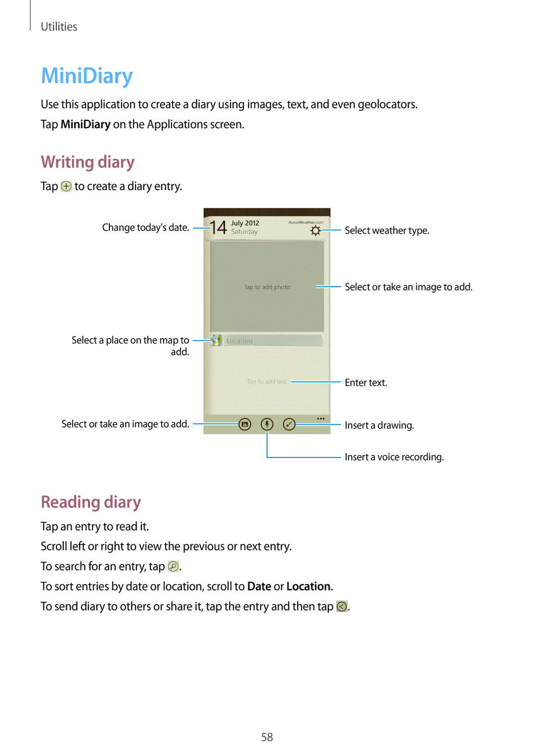 Samsung GT-I8750 user manual MiniDiary, Writing diary, Reading diary 