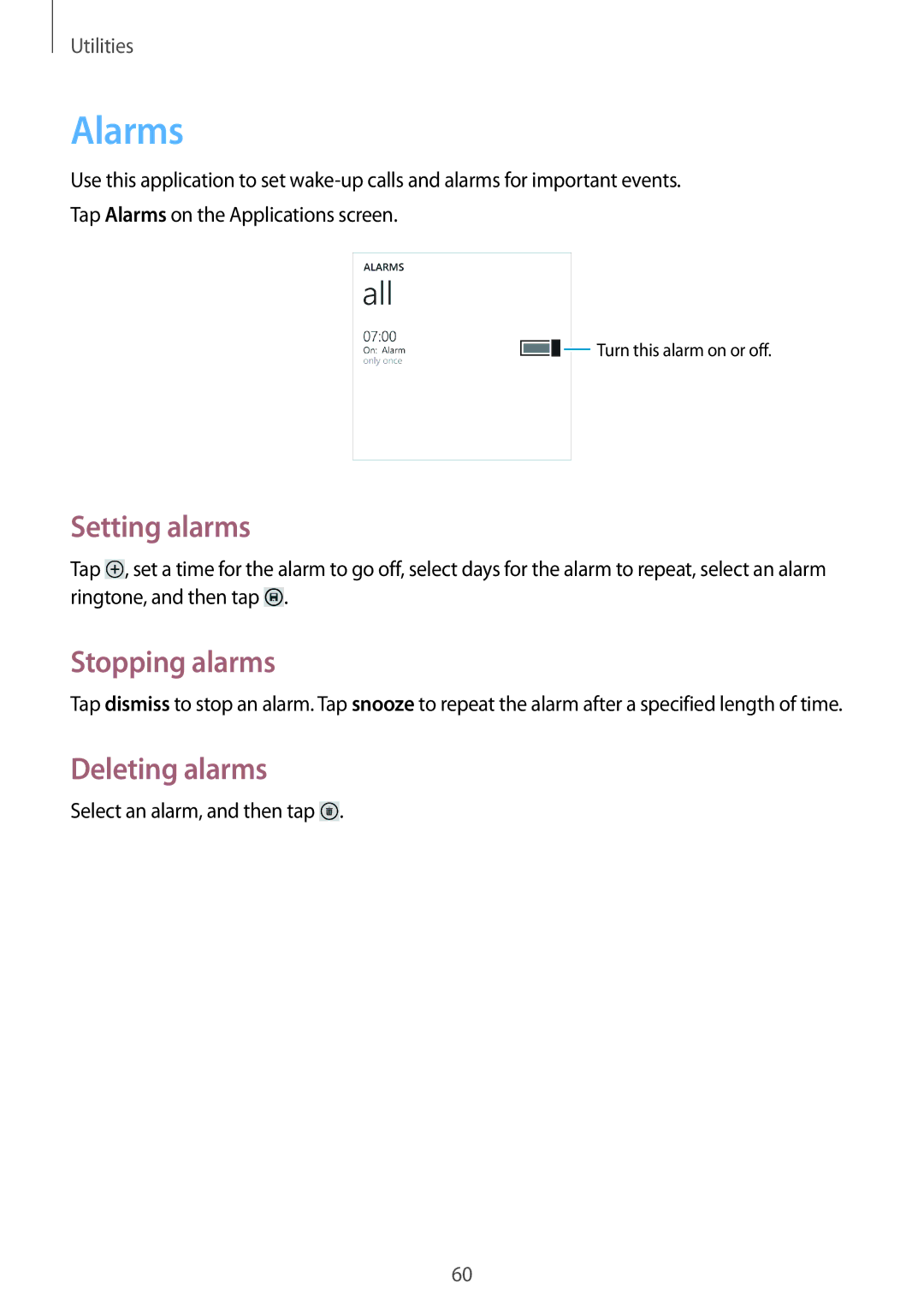 Samsung GT-I8750 user manual Alarms, Setting alarms, Stopping alarms, Deleting alarms 