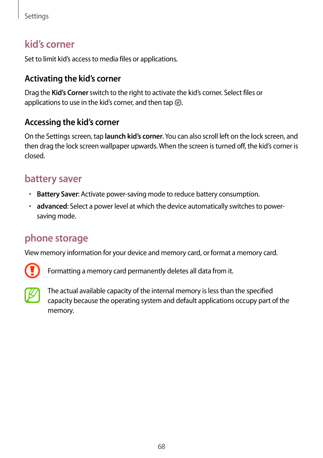 Samsung GT-I8750 Kid’s corner, Battery saver, Phone storage, Activating the kid’s corner, Accessing the kid’s corner 