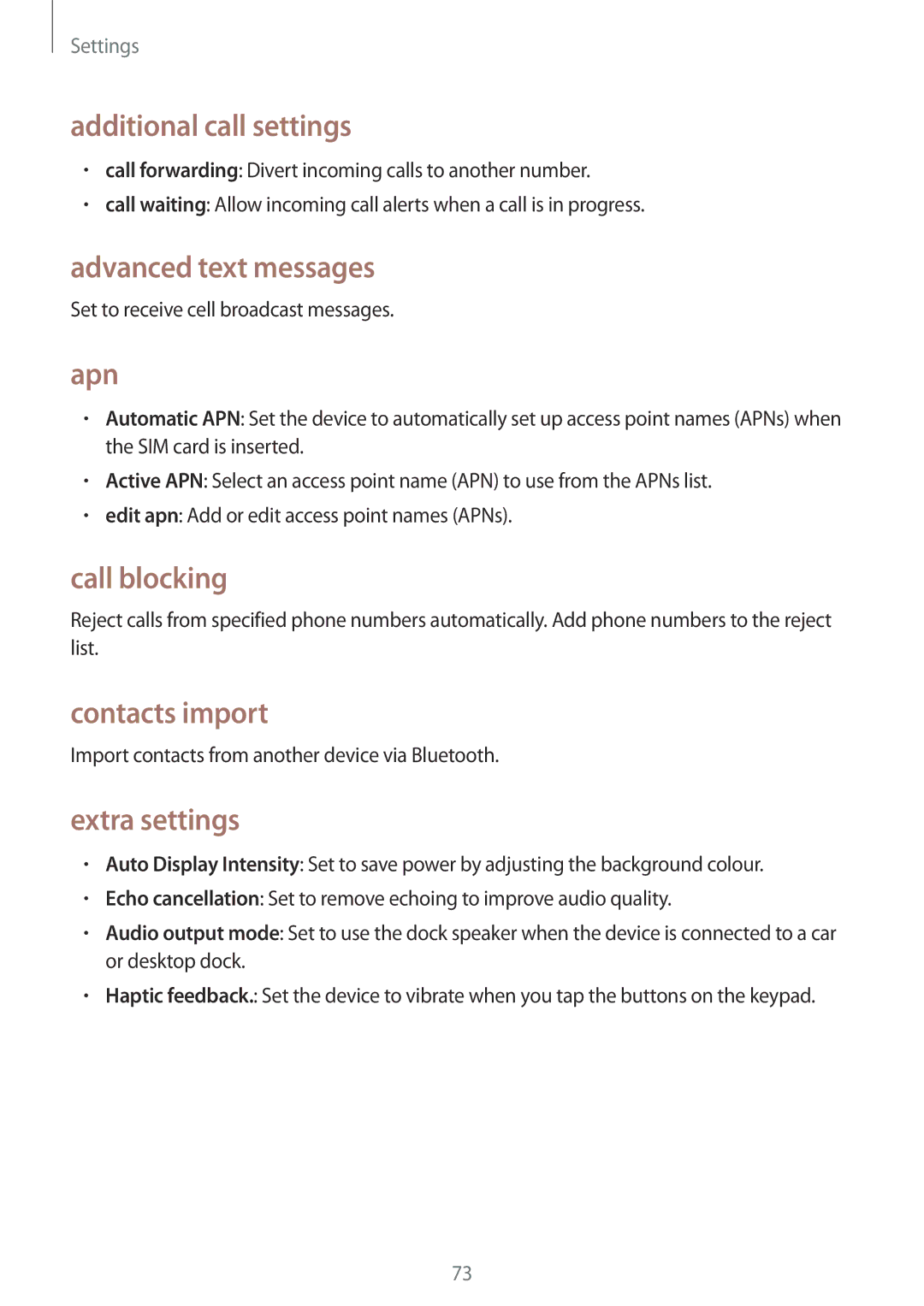 Samsung GT-I8750 Additional call settings, Advanced text messages, Apn, Call blocking, Contacts import, Extra settings 