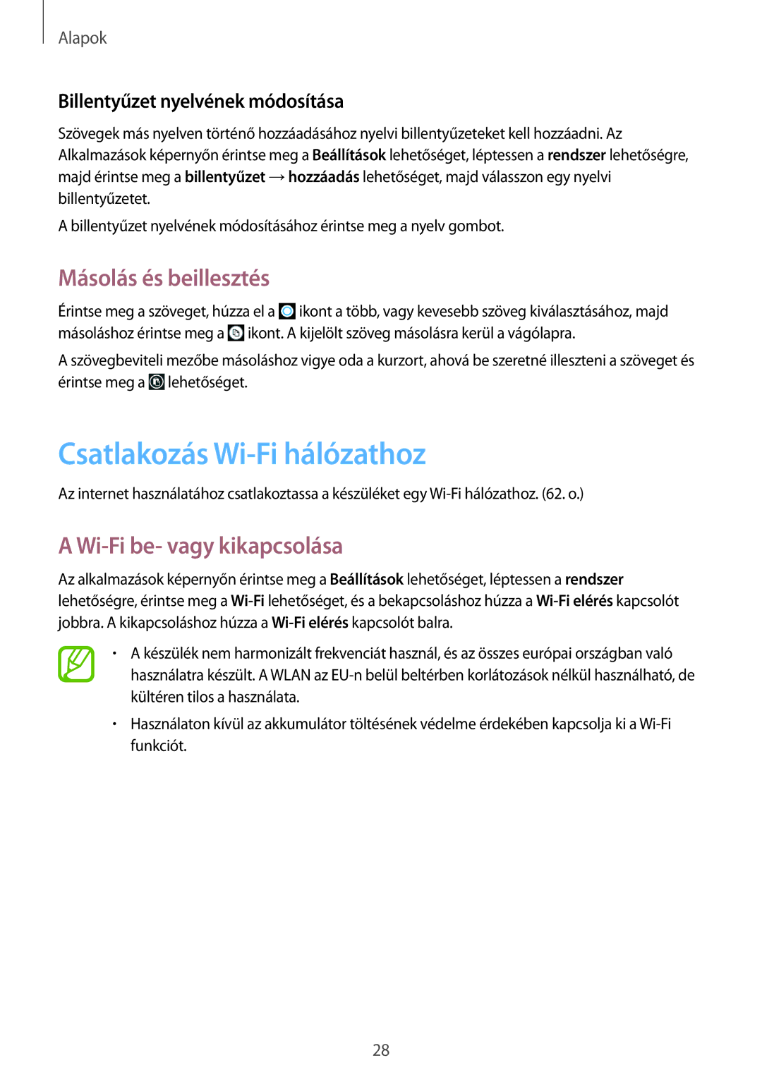 Samsung GT-I8750ALAXEH, GT-I8750ALAATO Csatlakozás Wi-Fi hálózathoz, Másolás és beillesztés, Wi-Fi be- vagy kikapcsolása 