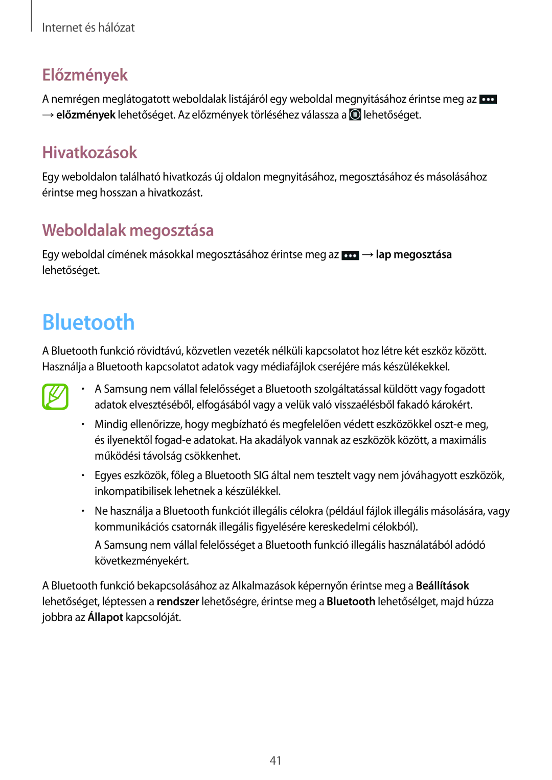 Samsung GT-I8750ALADBT, GT-I8750ALAATO, GT-I8750ALAXEO manual Bluetooth, Előzmények, Hivatkozások, Weboldalak megosztása 