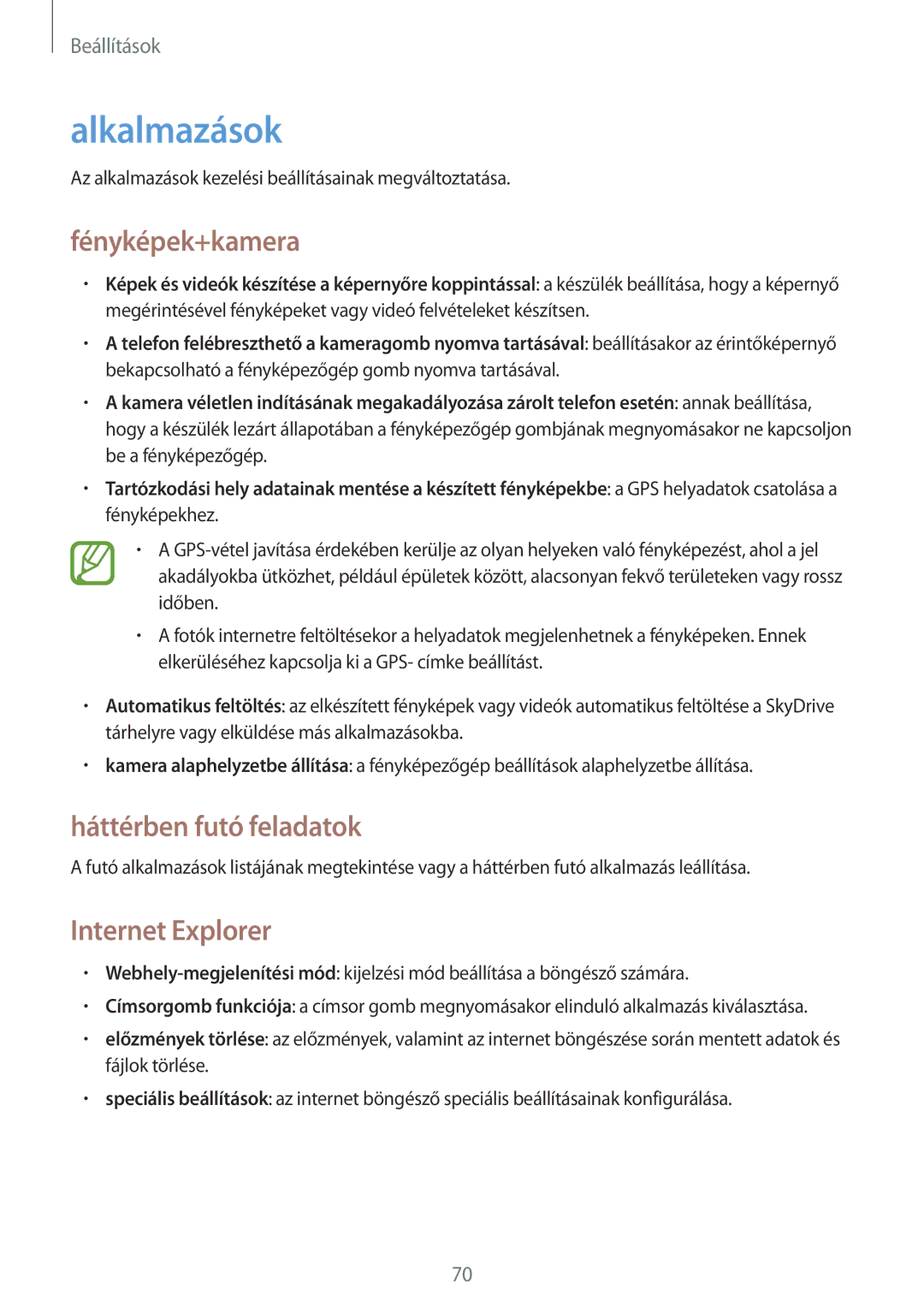 Samsung GT-I8750ALAATO, GT-I8750ALADBT manual Alkalmazások, Fényképek+kamera, Háttérben futó feladatok, Internet Explorer 