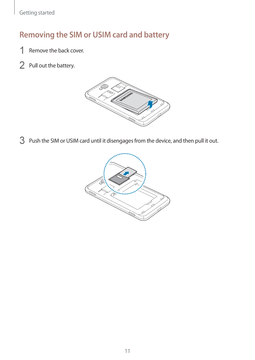 Samsung GT-I8750ALAETL, GT-I8750ALAATO, GT-I8750ALADTM, GT-I8750ALADBT manual Removing the SIM or Usim card and battery 