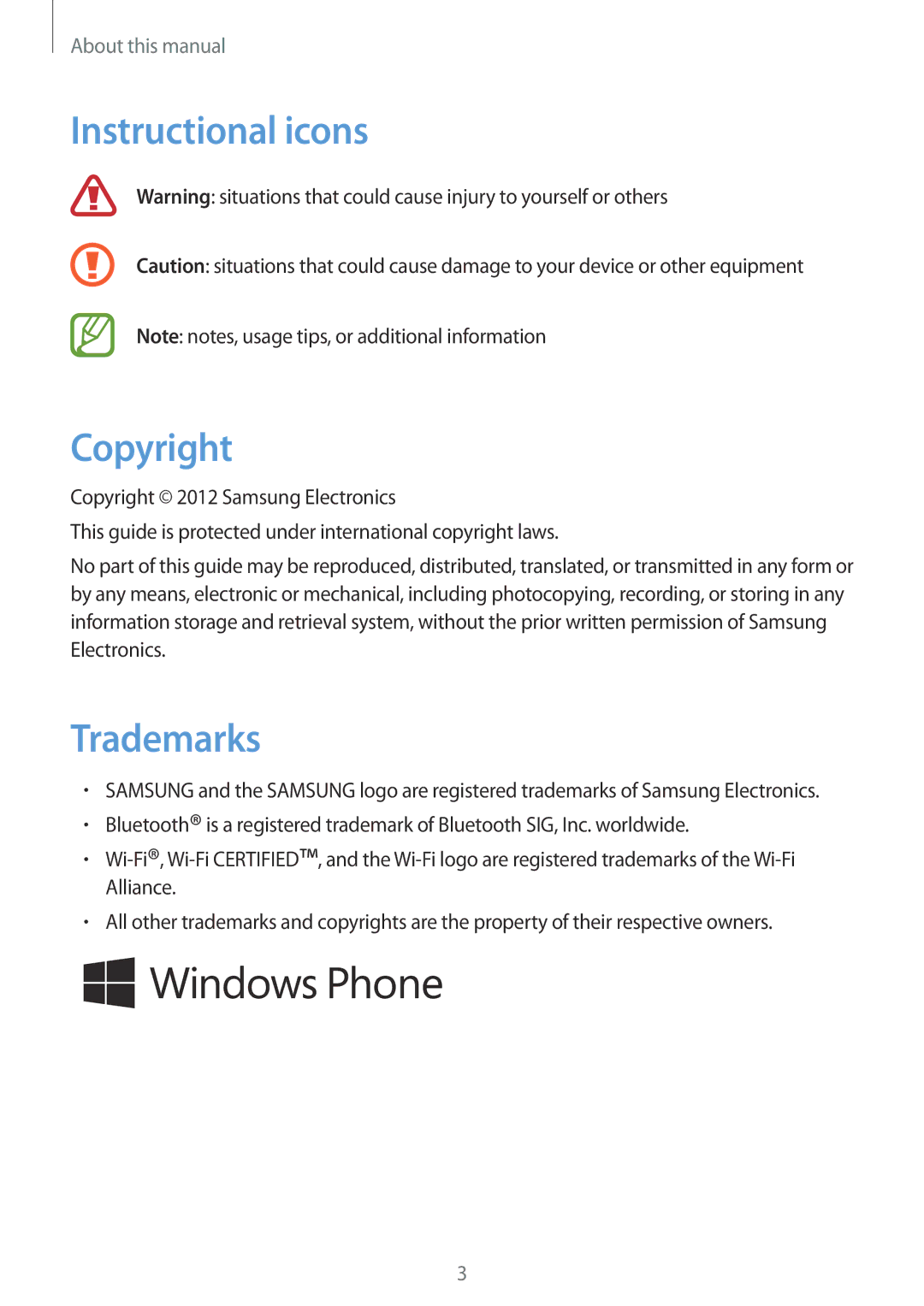 Samsung GT-I8750ALAITV, GT-I8750ALAATO, GT-I8750ALADTM, GT-I8750ALADBT manual Instructional icons Copyright, Trademarks 