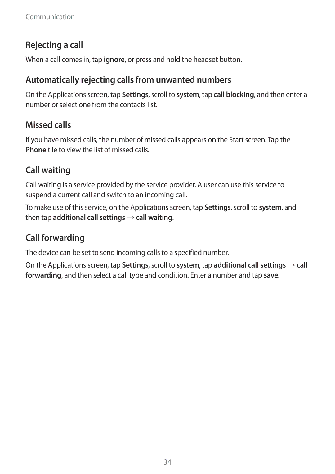 Samsung GT-I8750ALANEE Rejecting a call, Automatically rejecting calls from unwanted numbers, Missed calls, Call waiting 