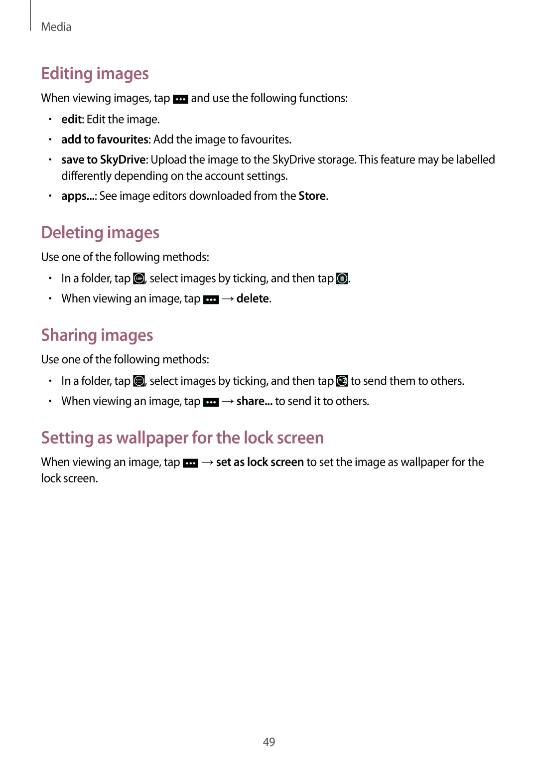 Samsung GT-I8750ALAVVT manual Editing images, Deleting images, Sharing images, Setting as wallpaper for the lock screen 