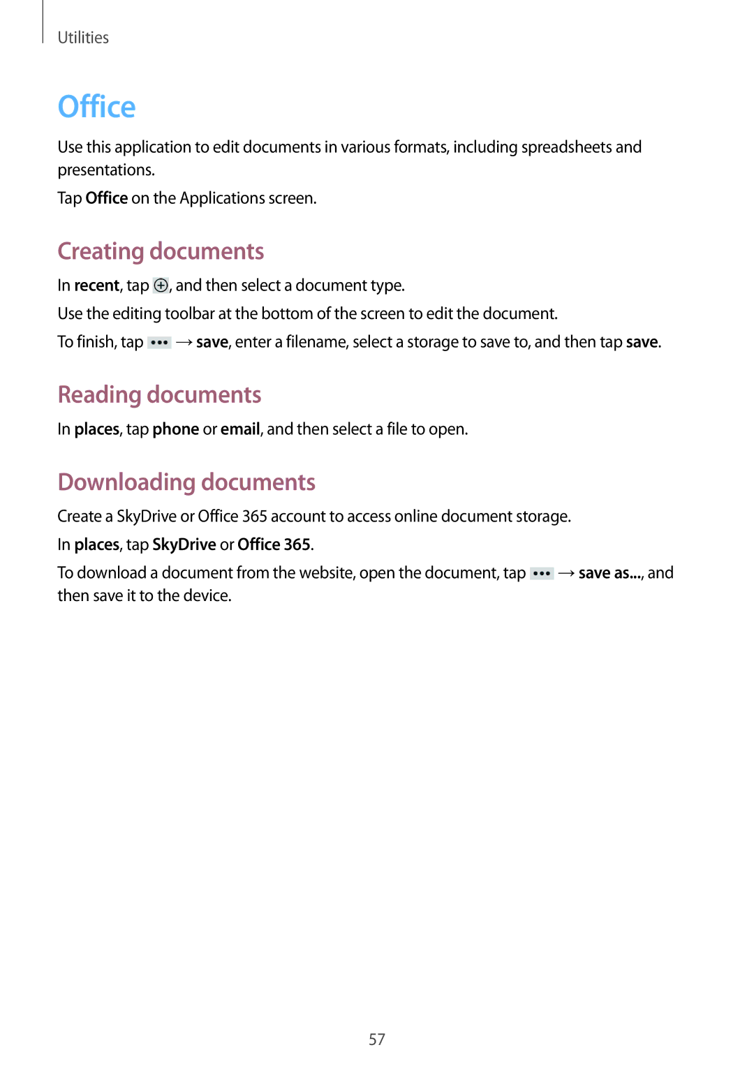 Samsung GT-I8750ALAXEH, GT-I8750ALAATO, GT-I8750ALADTM Office, Creating documents, Reading documents, Downloading documents 