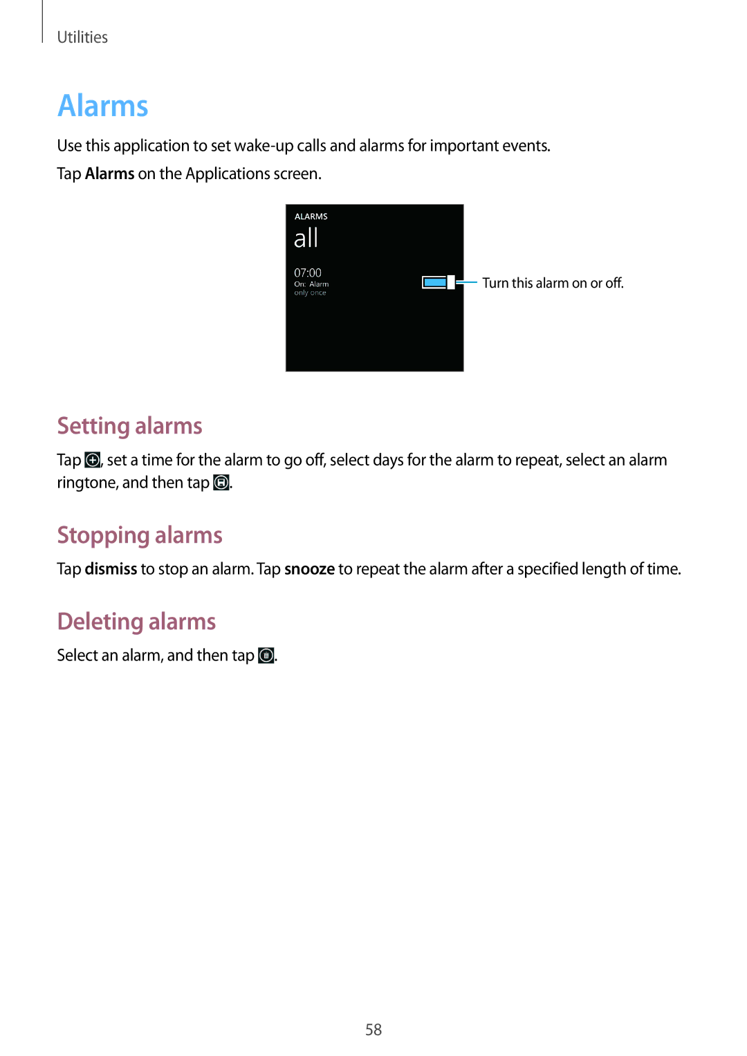 Samsung GT-I8750ALAAUT, GT-I8750ALAATO, GT-I8750ALADTM manual Alarms, Setting alarms, Stopping alarms, Deleting alarms 