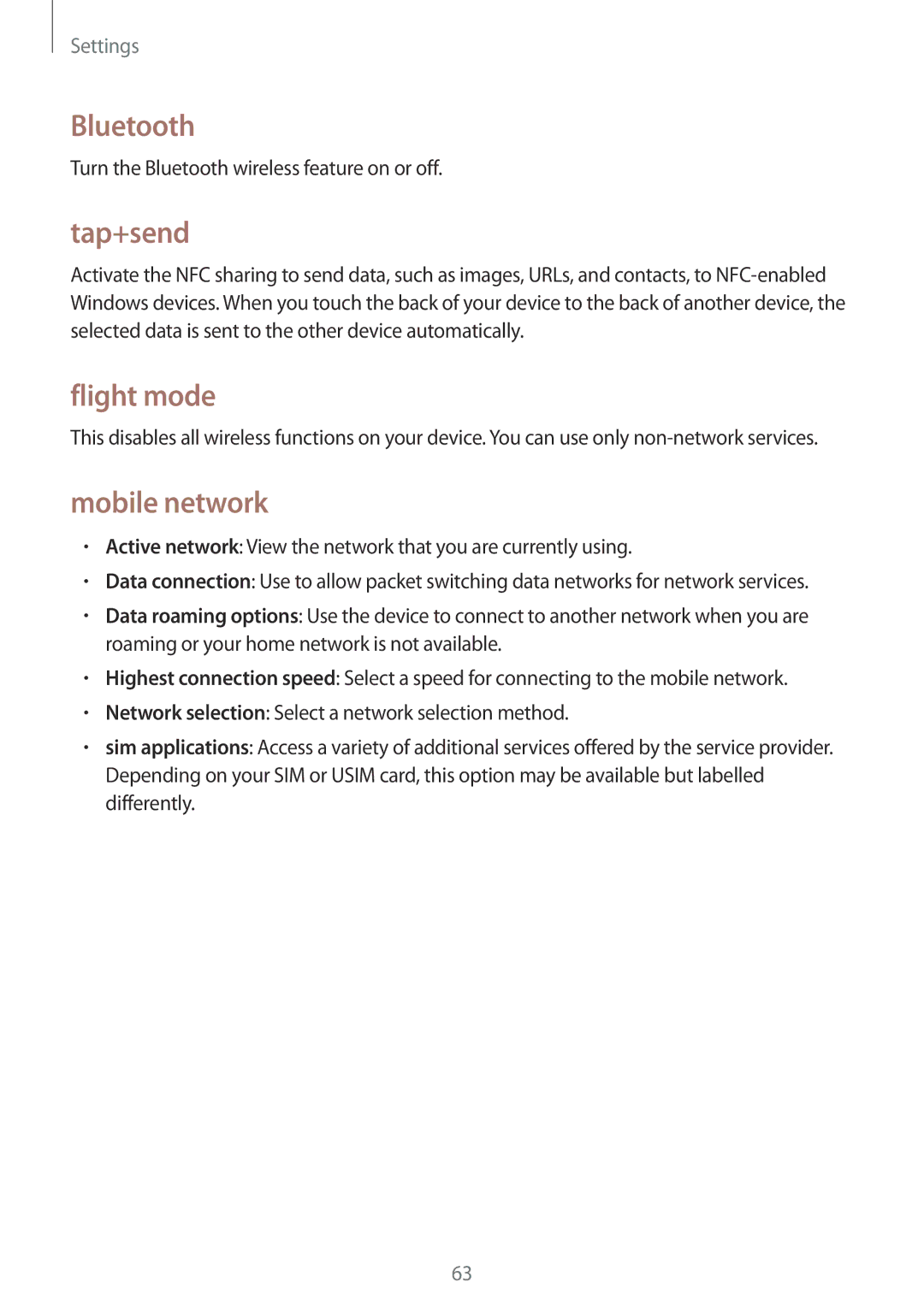 Samsung GT-I8750ALAITV, GT-I8750ALAATO, GT-I8750ALADTM, GT-I8750ALADBT manual Bluetooth, Tap+send, Flight mode, Mobile network 