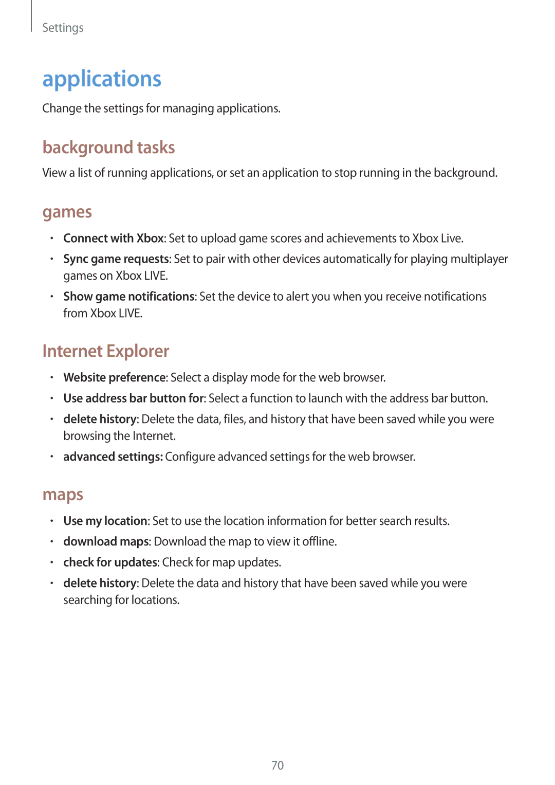Samsung GT-I8750ALAMTL, GT-I8750ALAATO, GT-I8750ALADTM manual Applications, Background tasks, Games, Internet Explorer, Maps 
