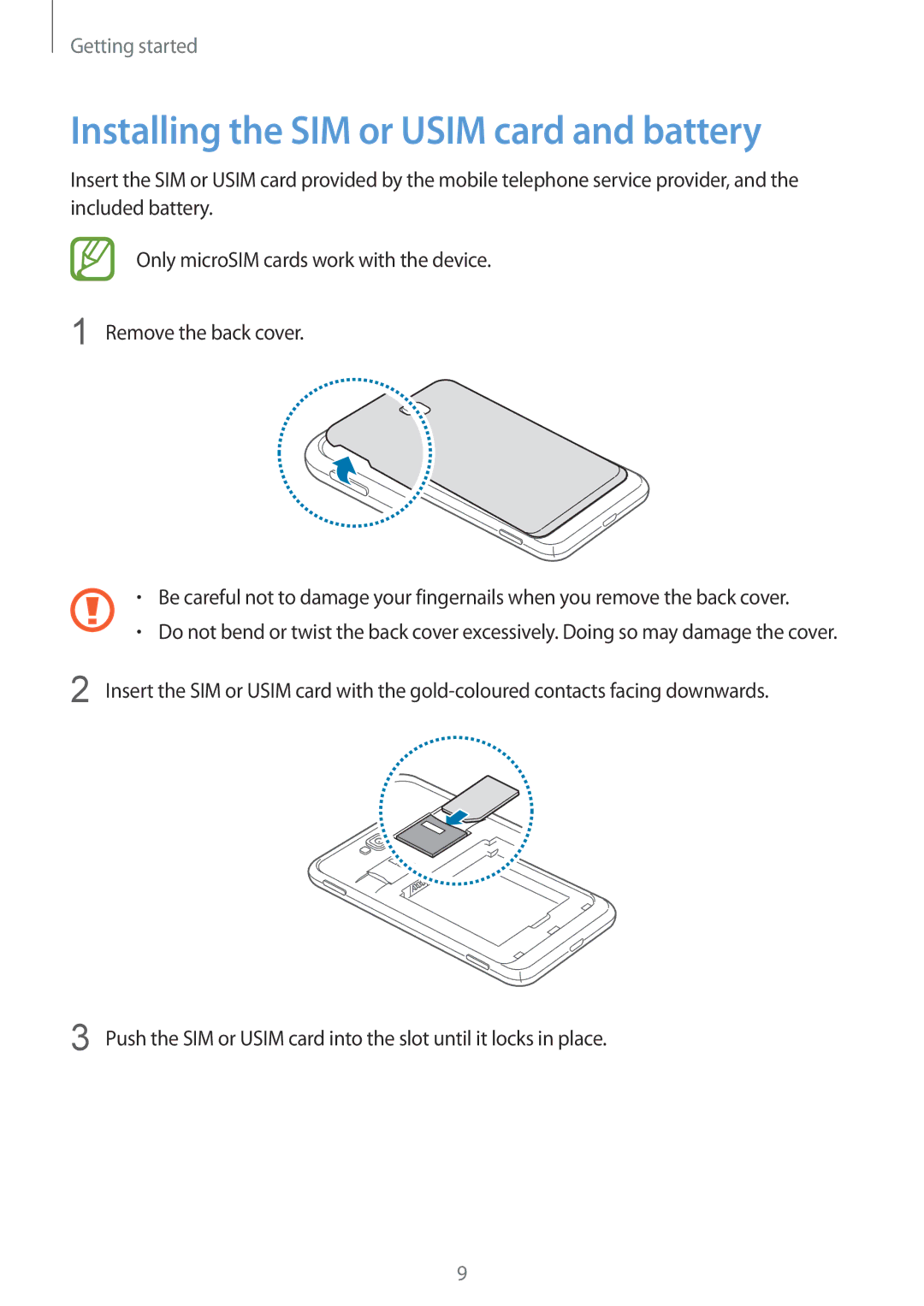 Samsung GT-I8750ALAVVT, GT-I8750ALAATO, GT-I8750ALADTM, GT-I8750ALADBT manual Installing the SIM or Usim card and battery 