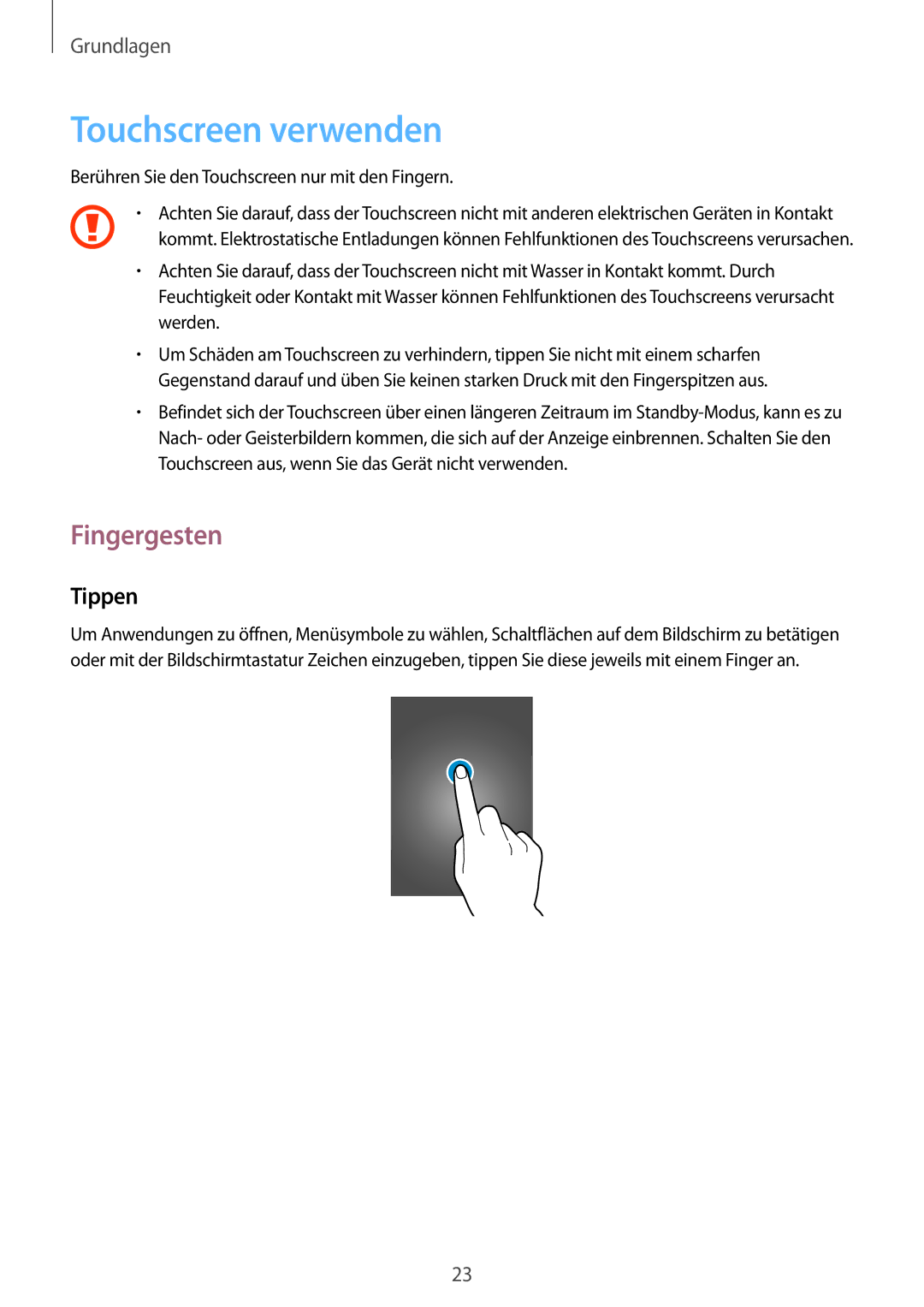 Samsung GT-I8750ALAITV, GT-I8750ALAATO, GT-I8750ALADTM, GT-I8750ALADBT manual Touchscreen verwenden, Fingergesten, Tippen 