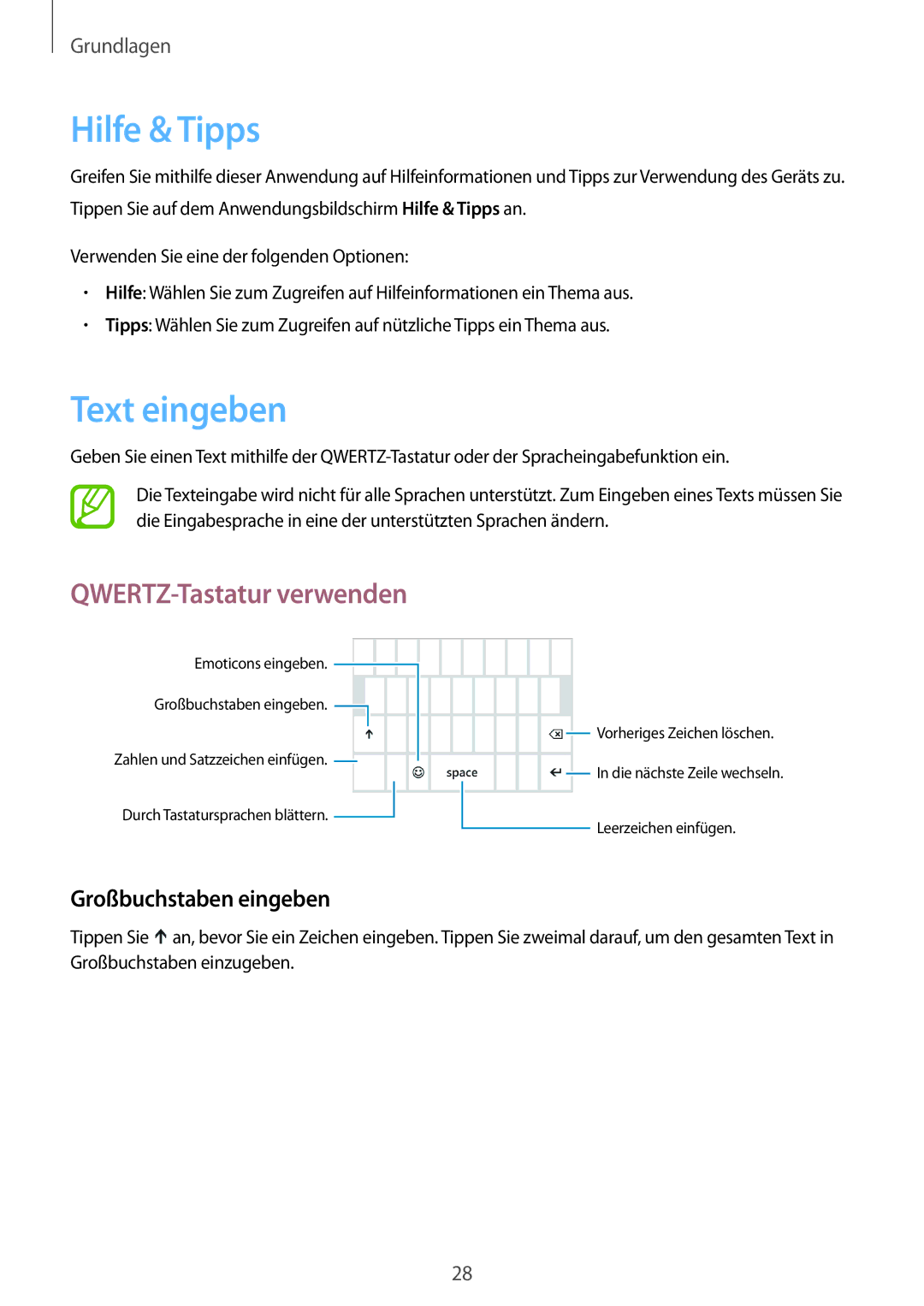 Samsung GT-I8750ALAITV, GT-I8750ALAATO, GT-I8750ALADTM, GT-I8750ALADBT Hilfe & Tipps, Text eingeben, Großbuchstaben eingeben 