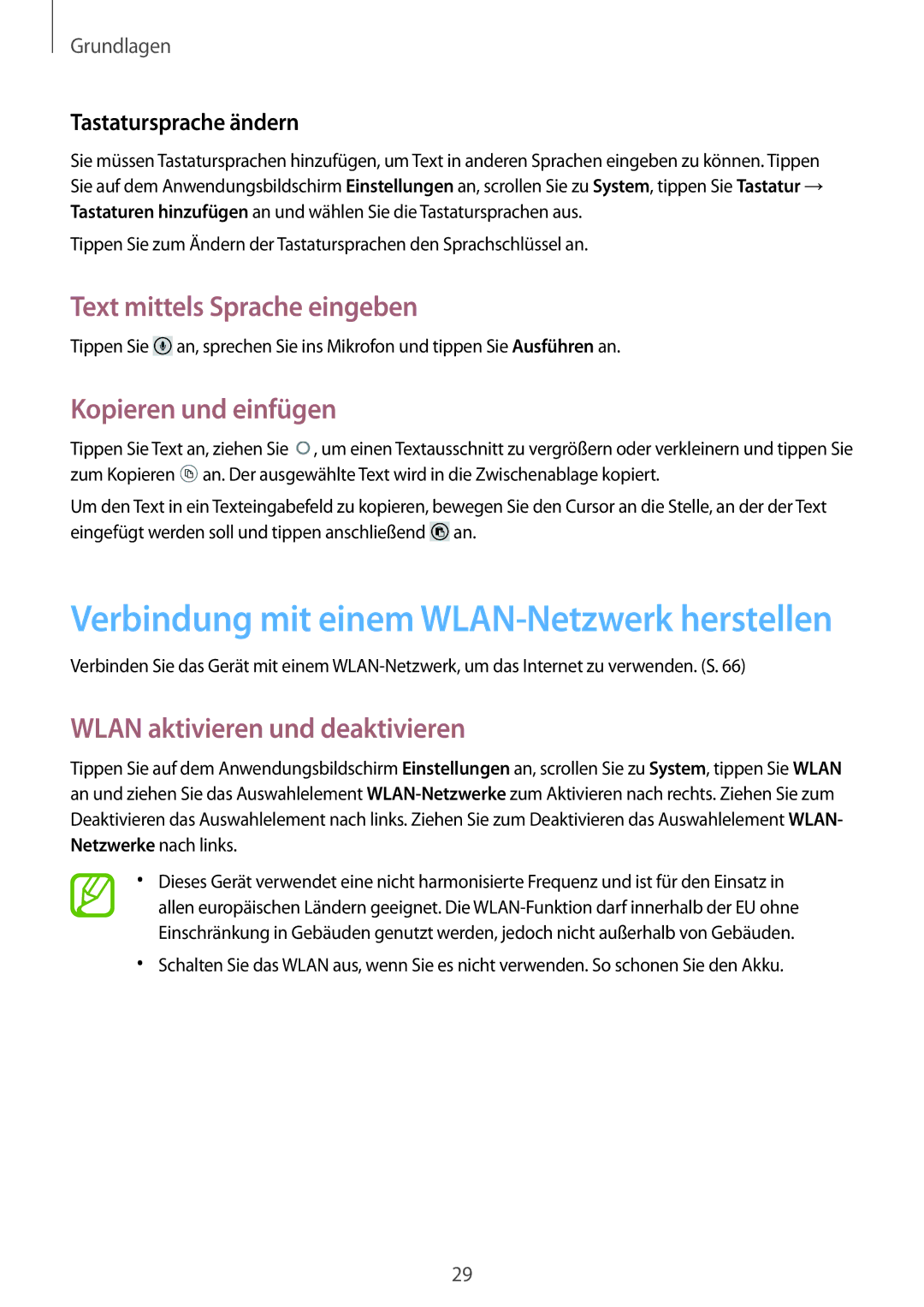 Samsung GT-I8750ALATPH manual Text mittels Sprache eingeben, Kopieren und einfügen, Wlan aktivieren und deaktivieren 