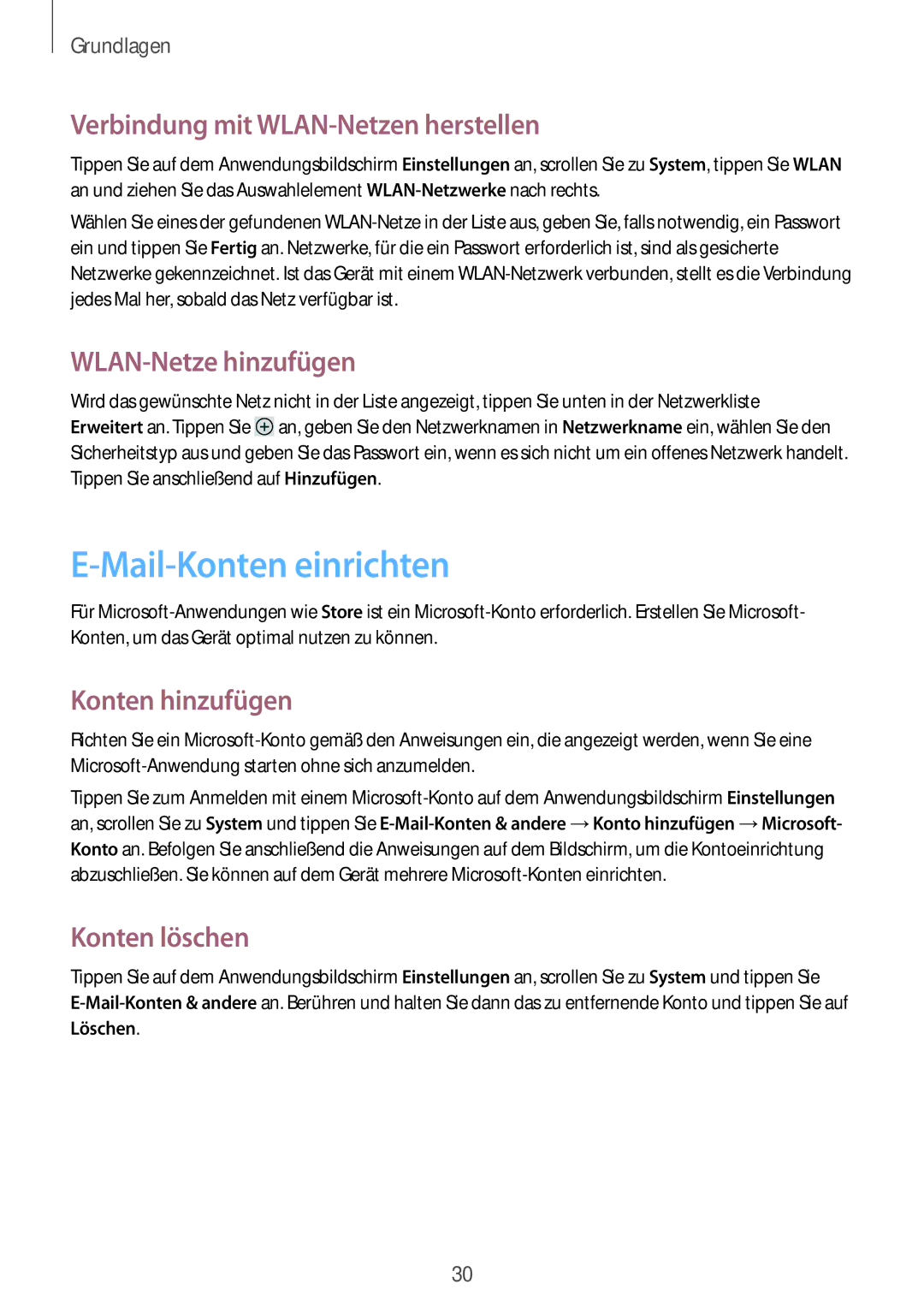 Samsung GT-I8750ALAATO manual Mail-Konten einrichten, Verbindung mit WLAN-Netzen herstellen, WLAN-Netze hinzufügen 