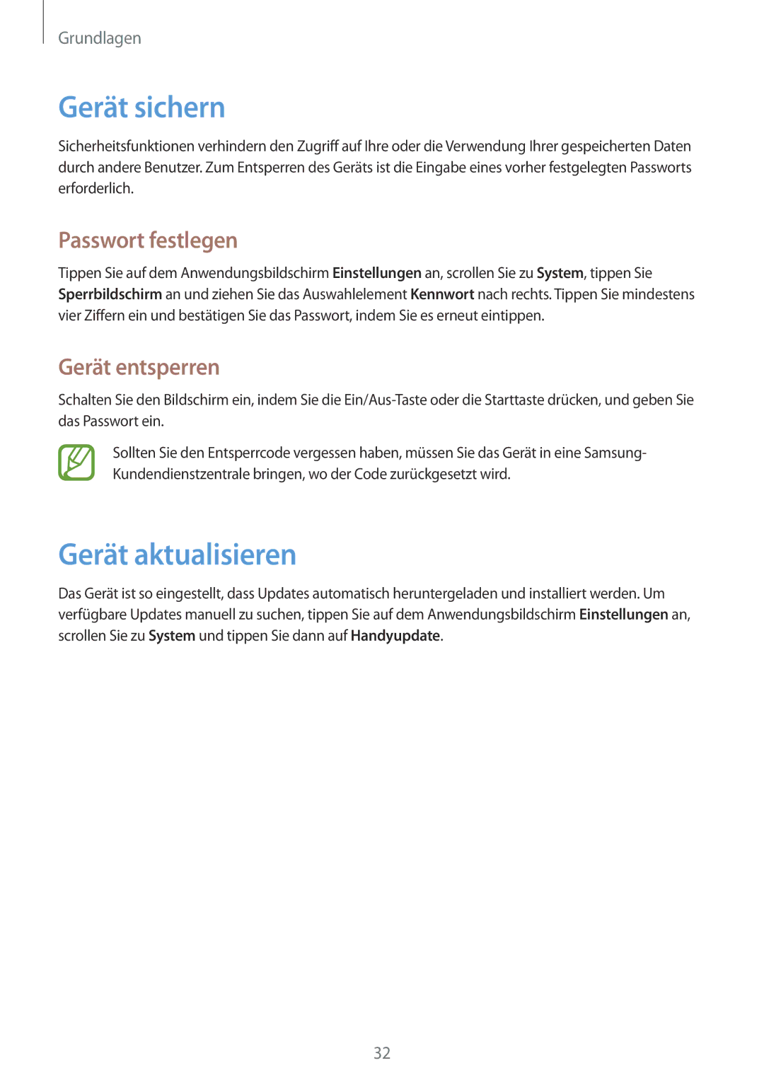 Samsung GT-I8750ALADBT, GT-I8750ALAATO manual Gerät sichern, Gerät aktualisieren, Passwort festlegen, Gerät entsperren 