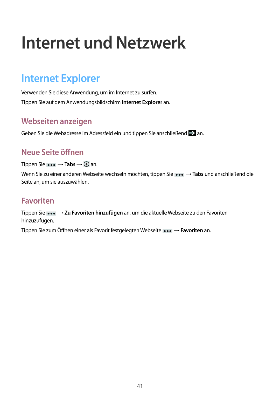 Samsung GT-I8750ALADTM manual Internet und Netzwerk, Internet Explorer, Webseiten anzeigen, Neue Seite öffnen, Favoriten 