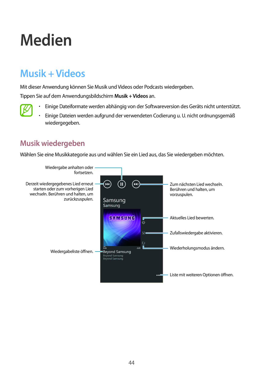 Samsung GT-I8750ALATPH, GT-I8750ALAATO, GT-I8750ALADTM, GT-I8750ALADBT manual Medien, Musik + Videos, Musik wiedergeben 