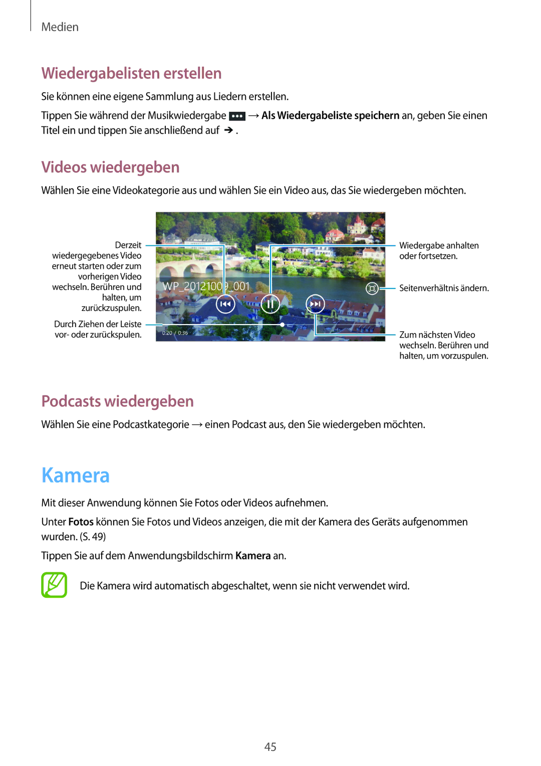 Samsung GT-I8750ALAATO, GT-I8750ALADTM manual Kamera, Wiedergabelisten erstellen, Videos wiedergeben, Podcasts wiedergeben 