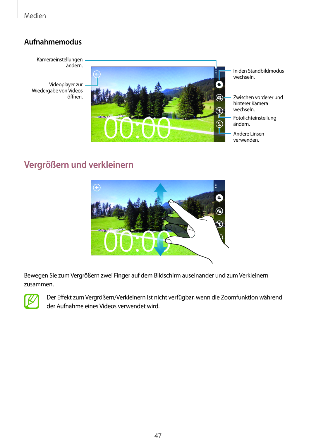 Samsung GT-I8750ALADBT, GT-I8750ALAATO, GT-I8750ALADTM, GT-I8750ALAITV manual Vergrößern und verkleinern, Aufnahmemodus 