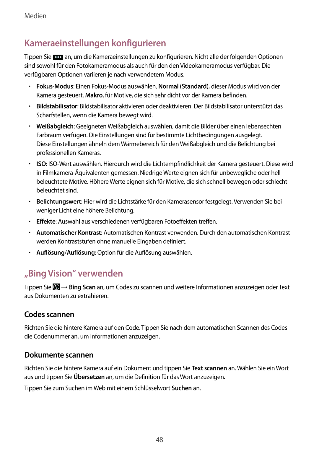 Samsung GT-I8750ALAITV manual Kameraeinstellungen konfigurieren, „Bing Vision verwenden, Codes scannen, Dokumente scannen 