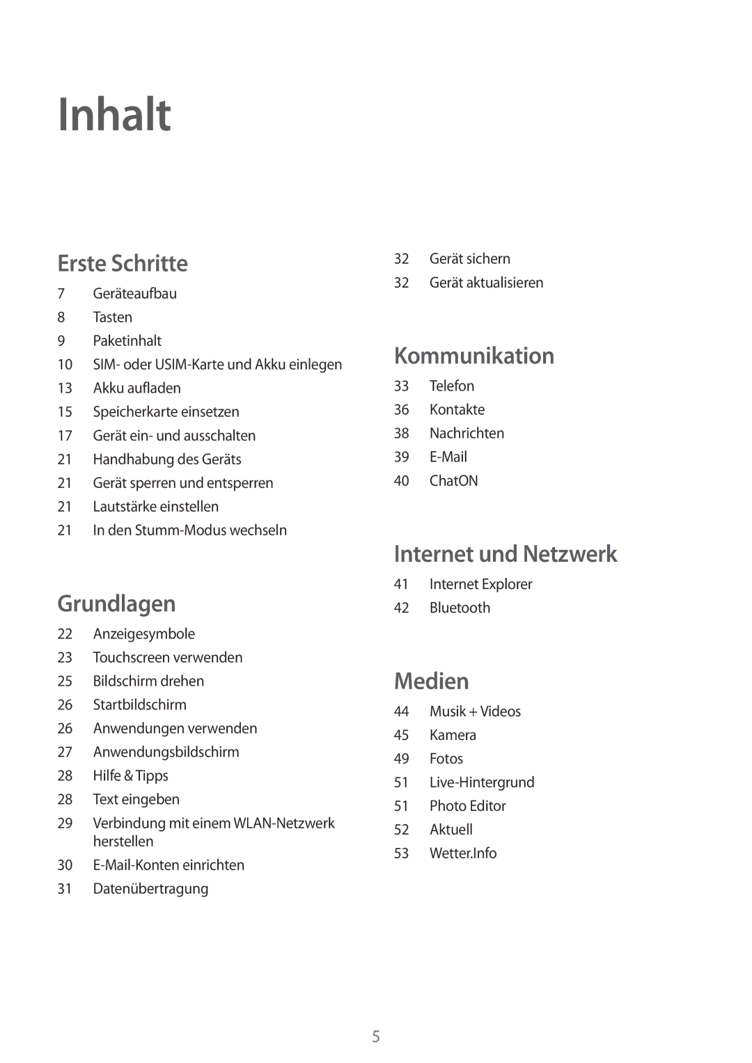 Samsung GT-I8750ALAATO, GT-I8750ALADTM, GT-I8750ALADBT, GT-I8750ALAITV, GT-I8750ALATPH manual Inhalt, Erste Schritte 