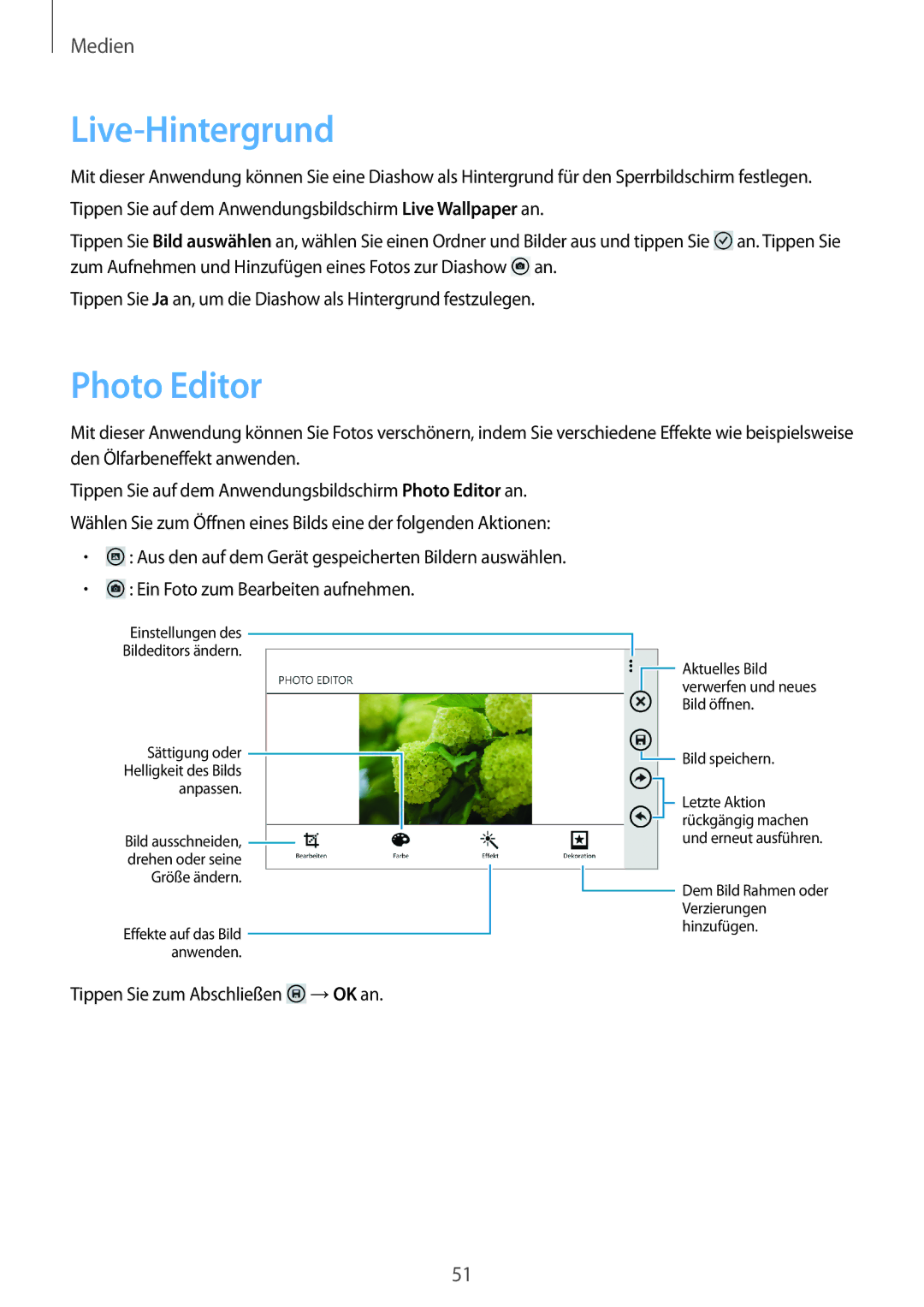 Samsung GT-I8750ALADTM, GT-I8750ALAATO, GT-I8750ALADBT, GT-I8750ALAITV, GT-I8750ALATPH manual Live-Hintergrund, Photo Editor 