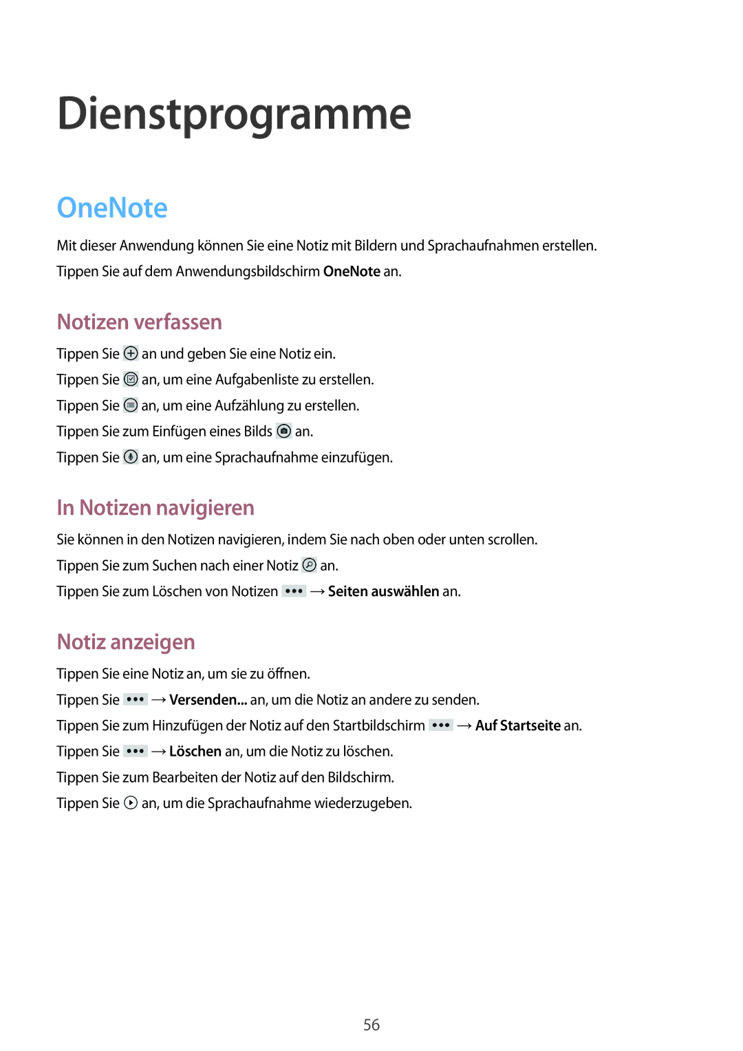 Samsung GT-I8750ALADTM, GT-I8750ALAATO Dienstprogramme, OneNote, Notizen verfassen, Notizen navigieren, Notiz anzeigen 