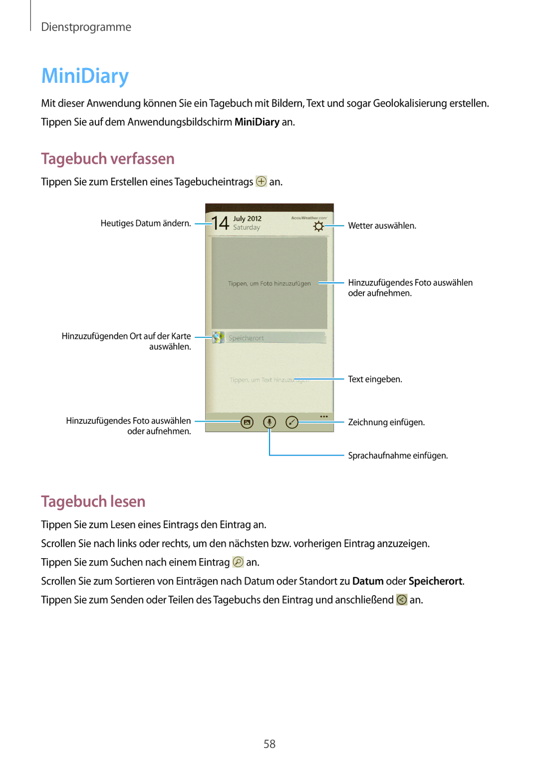 Samsung GT-I8750ALAITV, GT-I8750ALAATO, GT-I8750ALADTM, GT-I8750ALADBT manual MiniDiary, Tagebuch verfassen, Tagebuch lesen 