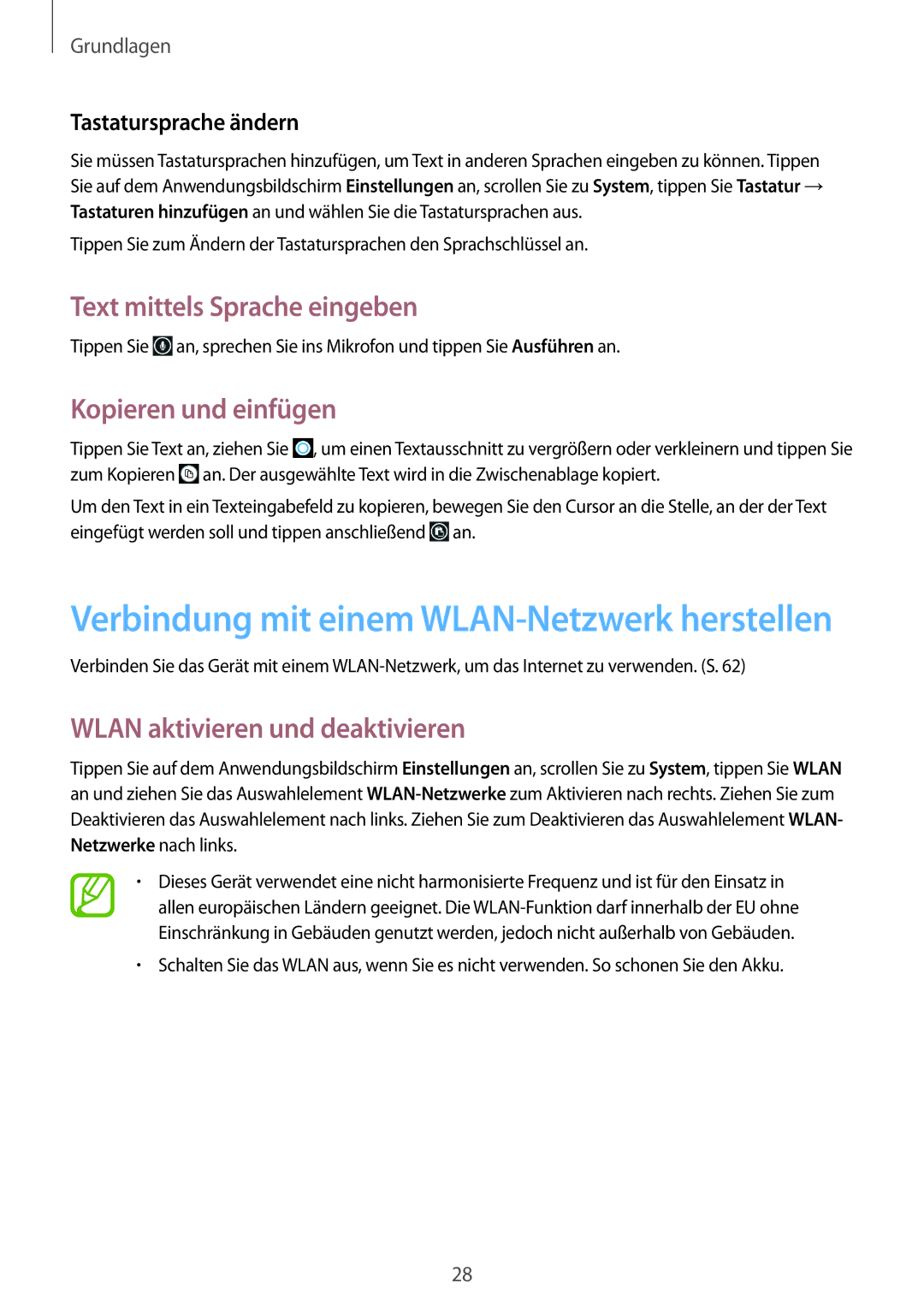 Samsung GT-I8750ALAITV manual Text mittels Sprache eingeben, Kopieren und einfügen, Wlan aktivieren und deaktivieren 