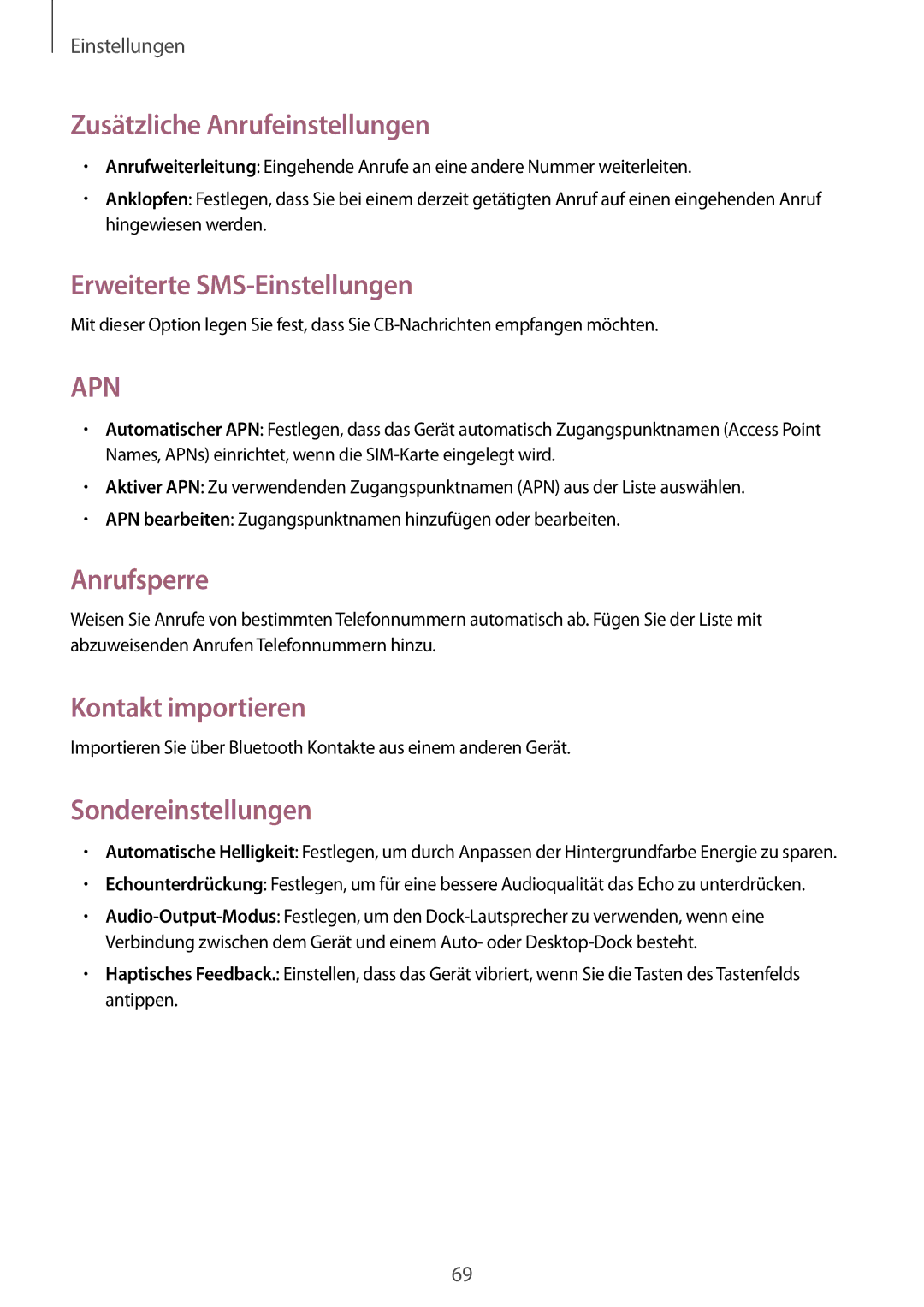 Samsung GT-I8750ALATPH Zusätzliche Anrufeinstellungen, Erweiterte SMS-Einstellungen, Anrufsperre, Kontakt importieren 