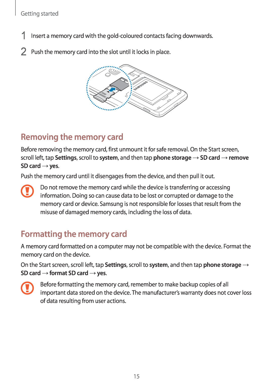 Samsung GT-I8750ALASEB, GT-I8750ALAATO manual Removing the memory card, Formatting the memory card, Getting started 