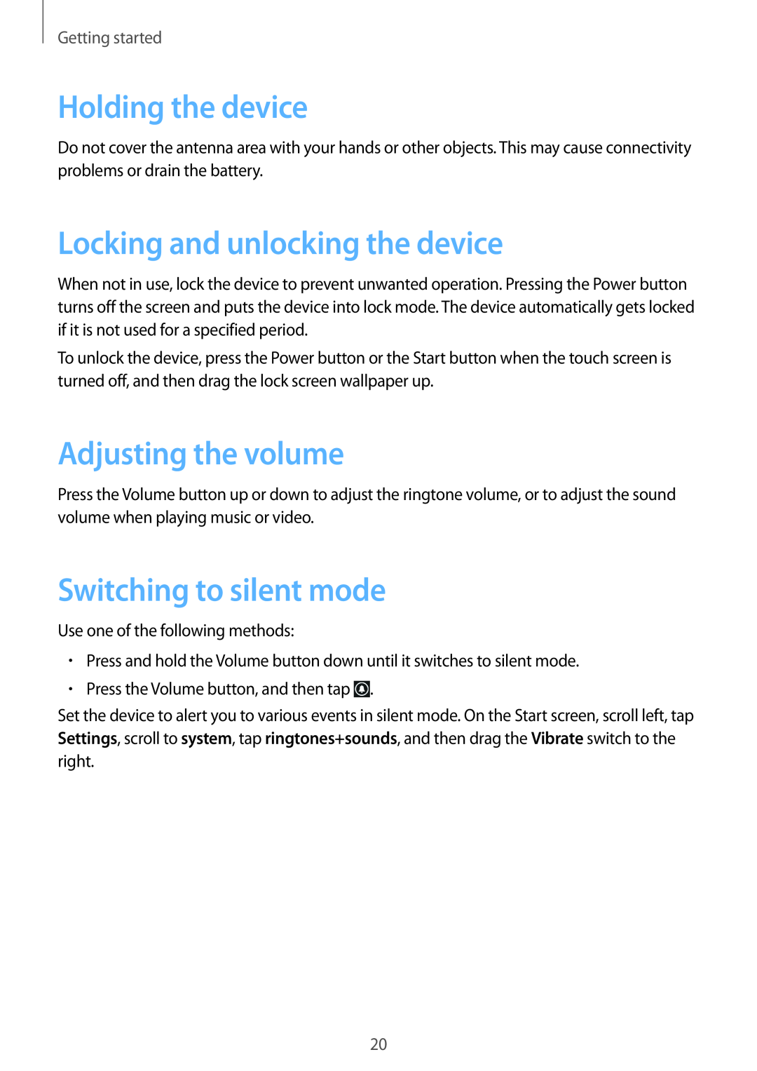 Samsung GT-I8750ALAATO manual Holding the device, Locking and unlocking the device, Adjusting the volume, Getting started 