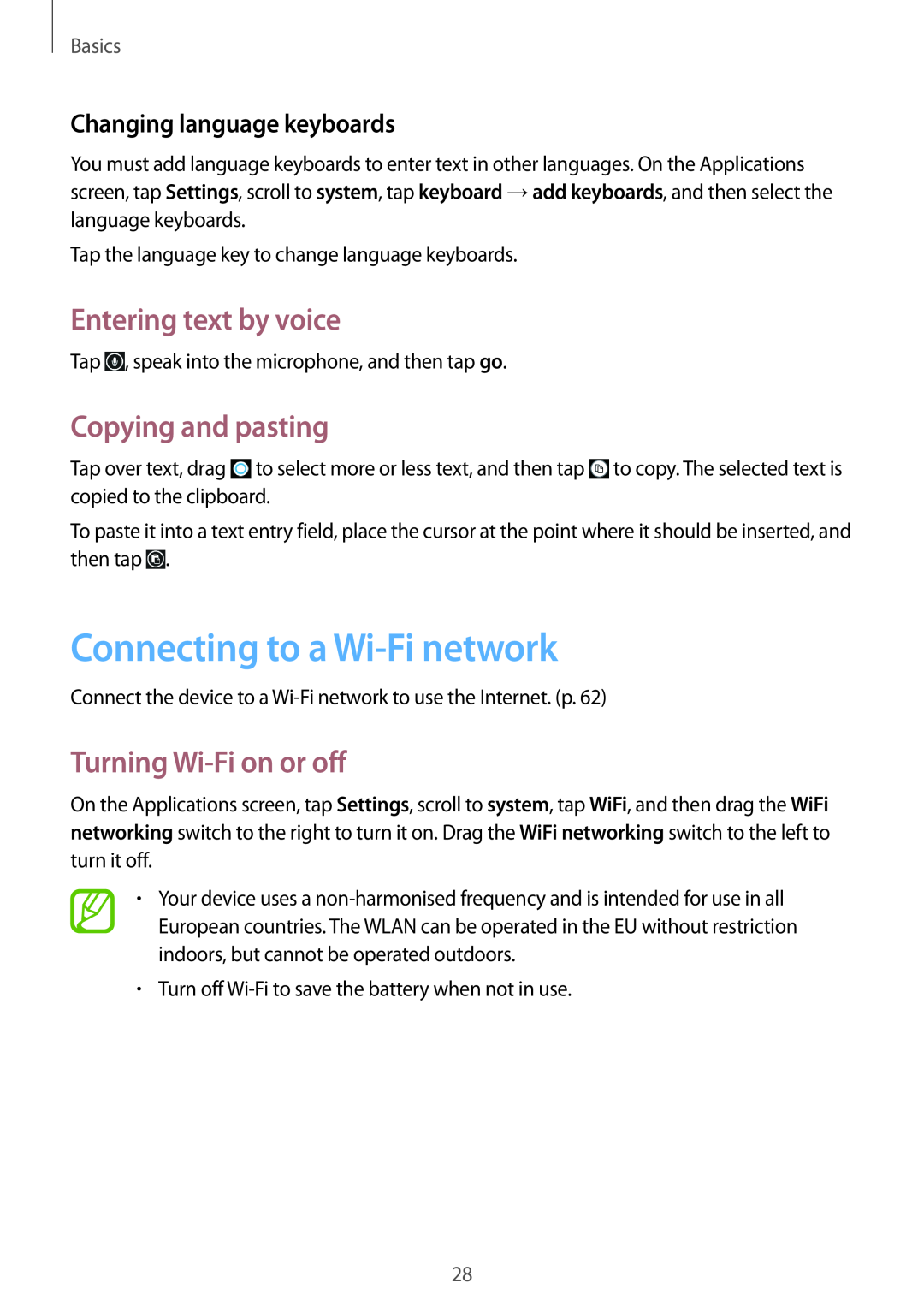 Samsung GT-I8750ALAHUI Connecting to a Wi-Fi network, Entering text by voice, Copying and pasting, Turning Wi-Fi on or off 
