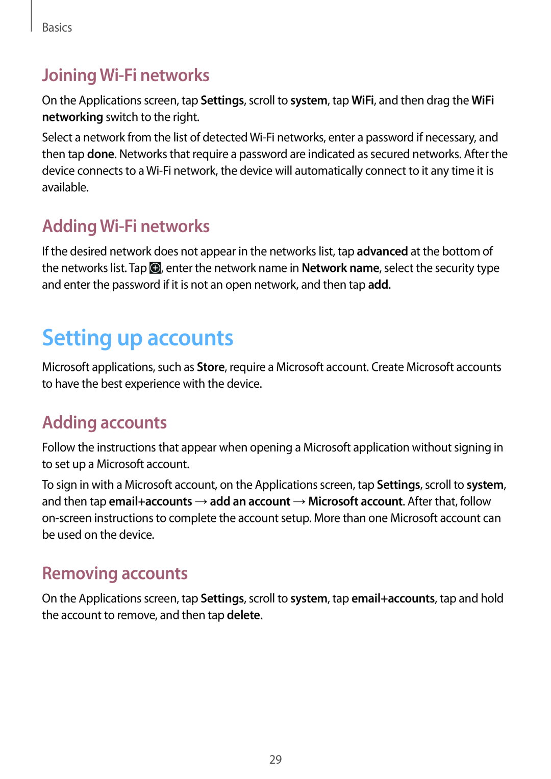 Samsung GT-I8750ALAVVT manual Setting up accounts, Joining Wi-Fi networks, Adding Wi-Fi networks, Adding accounts, Basics 