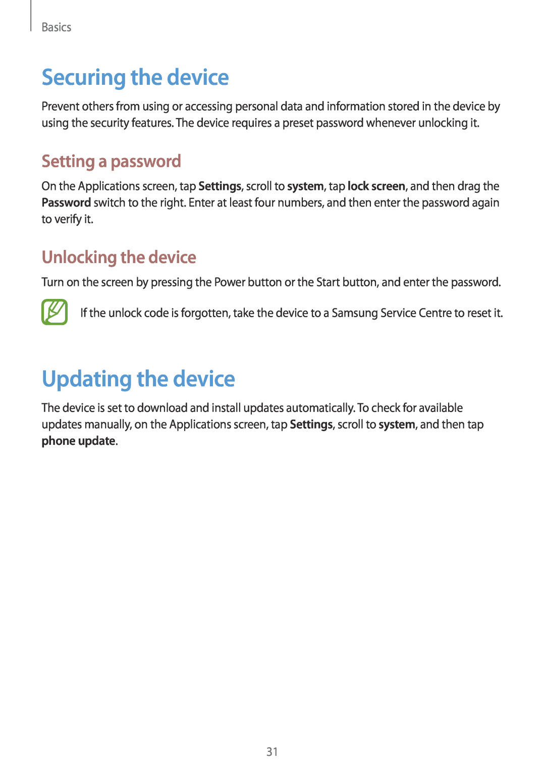 Samsung GT-I8750ALAETL manual Securing the device, Updating the device, Setting a password, Unlocking the device, Basics 