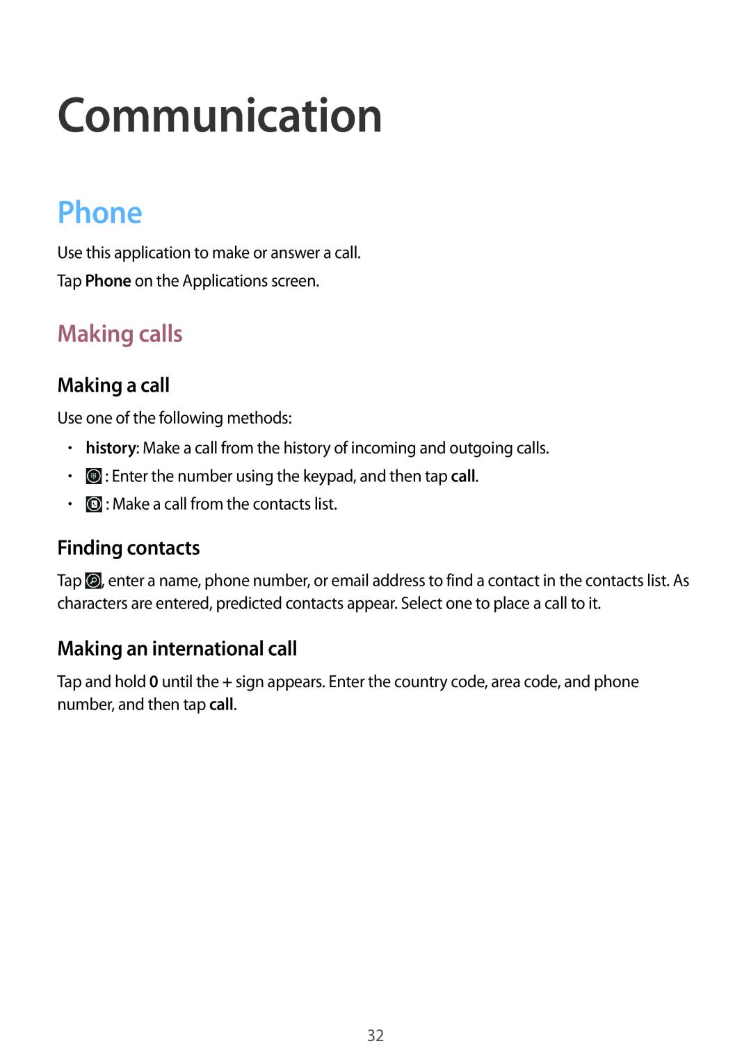 Samsung GT-I8750ALAORX Communication, Phone, Making calls, Making a call, Finding contacts, Making an international call 