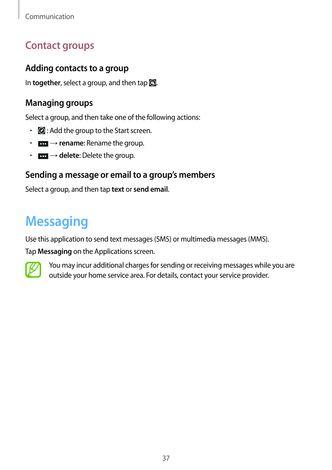 Samsung GT-I8750ALAXEH manual Messaging, Contact groups, Adding contacts to a group, Managing groups, Communication 